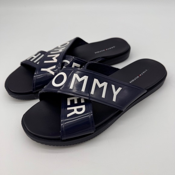 Tommy Hilfiger Women's Navy Blue Logo Slide Sandals 10M Summer Beach Basic - Picture 3 of 7